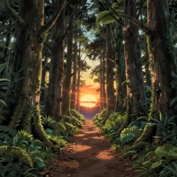 anime intricate forest with walkpath towards the susnset , animation background panorama