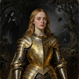 Elle Fanning in a gold armor, religious masterpiece portrait, oil on canvas, occult night, in the world of Andrew Wyeth and Dark Souls, artstation, by J. C. Leyendecker and Peter Paul Rubens,