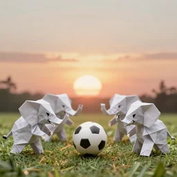 an insanely high - quality photo of a group of origami elephants playing soccer in a field, the ball is highly detailed tiny sphere, sunset in the background, ultradetailed, high resolution faces, insanely detailed, insanely intricate, ultra fine details, insanely beautiful, insanely precise, 4 k ultra hd, 8 k uhd, movie, imdb
