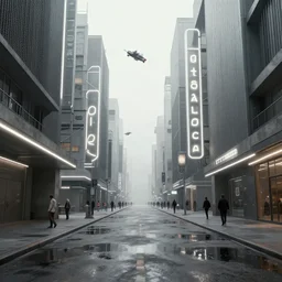 photorealistic streetscape, simple brutalist architecture, metal, concrete, puddles of water, white neon lights, neon signs, flying vehicles, pedestrians, greg rutkowski, syd mead, ralph mcquarrie, concept art, matte painting, finely detailed, minimal artifacts, rule of thirds, dynamic lighting, cinematic, denoised, centered, artstation