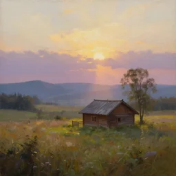 a oil painting of a serene landscape with a singular wooden house at sunrise, concept art, octane render, unreal engine 5, trending on deviantart, highly detailed, high quality, oil painting, digital painting, masterpiece, hyperrealistic, breathtaking landscape, soft lighting, godrays, complementary colors, natural lighting