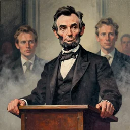 portrait of a abraham lincoln at a podium, colorful, modern art deco, mads berg, karolis strautniekas, christopher balaskas, stippled light, fog, moody, fine texture, editorial illustration, dramatic lighting, dynamic composition, detailed, matte print, dynamic perspective, muted color, ( ( victo ngai ) ), linocut