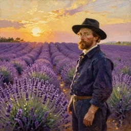 painting of lavender field, highly detailed, golden hour by rembrandt van rijn
