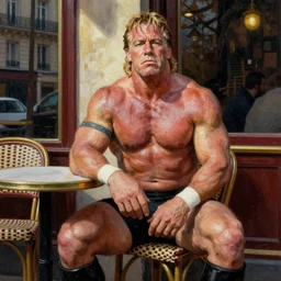 painting of the wwf wrestler hulk hogan sitting outside a parisian cafe by emile friant