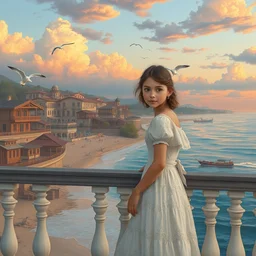 a beautiful scene painting of a young girl, with a maiden balustrade in a white dress with a beautiful pattern, a beautiful deserted seaside resort with many wooden buildings in the background, romantic dusk, beautiful clouds, seagulls, trending on artstation, by krenz cushart and alphonse maria mucha ， three - point composition, 8 k resolution, hand - painted, illustration style,