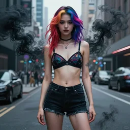 goddesse woman with colorful hairs, bra and shorts streetwear, cyberpunk city street, swirling black smoke, fashion photography, her belly button is exposed, costume design, illustration, symmetrical face and body, cinematic color grading, editorial photo, fashion, hyperrealism, trending on artstation, by charlie bowater, by wlop, detailed, intricate, elegant, vfx, postprocessing, octane render, 8 k