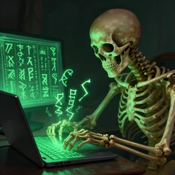 portrait, ancient skeleton writing runes into a computer, glowing green keys, laptop, pc, monitor, keyboard, runes, runic words, ancient evil letters, glowing green, intricate, elegant, glowing lights, highly detailed, digital painting, artstation, concept art, smooth, sharp focus, illustration, art by wlop, mars ravelo and greg rutkowski, cinematic lighting, unreal, natural tpose