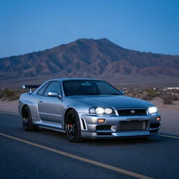 three quarter front photo of a nissan r 3 2 skyline gt - r on a road in a desert with a mountain in the background in the early morning, car photography, zoom lens, blue hour