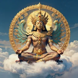 warrior of quetzalcoatl meditating in the clouds, in the style of ross tran