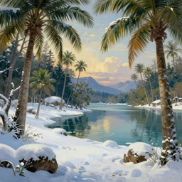beautiful landscape with winter and lake and tropical trees, mythology, fantasy, landscape background, vivid colors, digital painting, very detailed, realistic, high quality, by claude lorrain