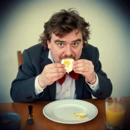humpty dumpty at breakfast eating an hard boiled egg, filmic, dslr, isometric, lens distortion, f / 2. 8, vignette, technicolor, hd