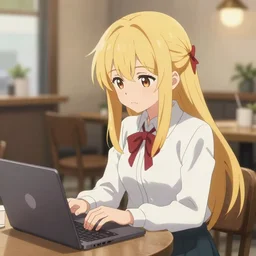 marisa kirisame anime art, cafe, typing on laptop