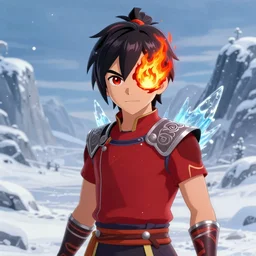 Prince Zuko, if he had Ice Powers, standing in a snowy vista. Thematic Costume. Fire-Scar over one eye. Anime style drawn by Michael Dante DiMartino and Bryan Konietzko. 4K HD Wallpaper, Premium Prints Available.