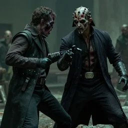 darth maul fighting a zombie in a scene from walking dead series, photorealistic, cinematic