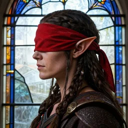 side - view portrait of the iorveth, scoia'tael leader, red bandana over one eye, eye covered by red bandana, elf ear, stained glass window, very masterful