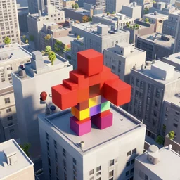 city rooftops birds eye view, tetris, colourful