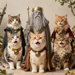 if cats were loud if the rings characters, lotr, cats, cats dressed in lotr costumes, hobbits, gandalf, elves, dwarves, 4 k, hyper realistic, artstation