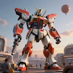 a beautiful hyperrealistic ultradetailed 3 d render of a gigantic mecha guarding a sci - fi spaceport, by slawomir maniak : 3, mech, unreal engine, octane render, gigantic, unreal engine, octane render, 3 d, brilliantly coloured, intricate, ultra wide angle, trending on artstation, dusk, volumetric lighting, hdr, polished, micro details, ray tracing, 8 k : 2, people, sphere, balloon, blurry, blur, depth of field, dof, bokeh, obscured, macro : - 1