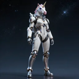 beautiful feminine cyborg in full body space suit, unicorn helmet, steel boots, concept art by artgerm, photoshoot, intricate, highlydetailed, space background, artstation 4 k - n 4