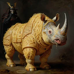 half boy half rhino made of spaghetti, intricate armor made of spaghetti fractals, ancient warrior, samurai, by giuseppe arcimboldo and ambrosius benson, renaissance, intricate and wet oil paint, a touch of beksinski, realistic