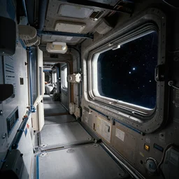 hallway aboard a spacestation, stars can be seen out the window