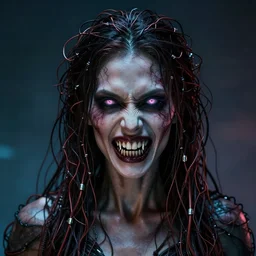 a terrifying woman, wires for hair, glowing eyes, razor sharp teeth, horror, studio lighting, 8 5 mm f / 1. 8, cyberpunk, art by, masterpiece, trending, highly detailed, realistic, by basil gogos, by bernie wrightson, by graham ingels