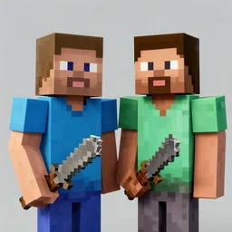 photo of Steve and a villager from Minecraft and as real human people detailed faces holding wooden swords
