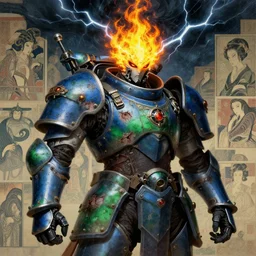 composition portrait of gothic and futuristic, warhammer, cyber japan style armor, more and more scars, thunderstorm, fire head, blue, green and yellow, highly detailed, artstation, in the style of moebius, jugendstil and classic japanese print, art by jean delville and rene magritte
