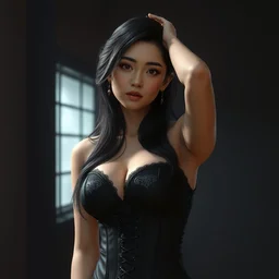 middle age beautiful asian female, posing in corsets, dark studio in the background, digital painting, artstation, concept art, smooth, sharp focus, illustration, unreal engine 5, 8 k, art by artgerm and greg rutkowski and edgar maxence