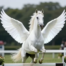 a winged appaloosa horse is flapping its wings at a steeplechase event. the wings are luminescent white, very very smooth, very very large and unfurled. professional high quality digital art, cgsociety, artstation, dof, bokeh
