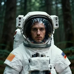 detailed cinematic moody colors studio portrait of an astronaut standing in a dense forest, hipster vibe, high quality by jeremy mann, only one head single portrait