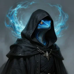 air genasi blue lizardfolk warlock made of wind with large black oversized hood, large black robes, he is wearing a large necromancer hood obscuring his face, head and shoulder portrait, dnd commission, rpg artwork,4K, 8K, very detailed, trending on artstation