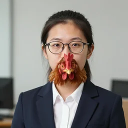 a young asian female manager with a chicken head, wearing glasses, receding hairline