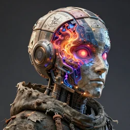 a large sci fi headress made of ppanels! dream a necromancer pulsing with necrotic energy, art by hayao miyazaki, power auras, sigils, tattered cloth robes, substance 3 d painter, pbr textures, physical based rendering, cinematic, hyper realism, high detail, octane render, unreal engine, 8 k, smooth gradients