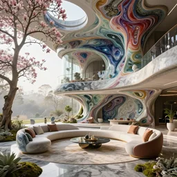 futuristic sharp focus biophilic villa interior, cinematic morning light, magnolia flowers ceramic porcelain stone nebula fluid colorful architecture landscape, highly detailed furniture, granite, trees, marble, moss, lichen, fungi, vincent callebaut composition, mamou - mani, cinematic morning light, 8 k, unreal engine, uhd