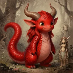 a cutely drawn kobold girl with vibrant red smooth scales, thick tail, cute horns and smile | digital drawing by thomas cole, terese nielsen, and edvard escher guay, magically shaped surrealism, trending on artstation. by edvard guay gurney ejsing cole kinkade. clearly detailed fantasy painting.