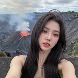 female kpop idol selfie in front of an active volcano, trending on Twitter, cinematic, hair blowing in the wind, Korean woman, makeup, unbelievable photo, selca, asia, hawaii, asian, 20’s, young woman, beautiful photography, high quality