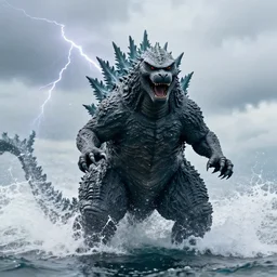 hyperrealistic photo of godzilla emerging from the ocean, raging, big splash, droplets, overcast, lightning effects, closeup, front view, danger, telephoto zoom, ultra detailed, sharp focus, cinematic, dslr