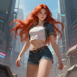 beautiful cute athletic red haired eighteen year old young woman standing up, casual clothing, long!! hair, cyberpunk city, attractive face, dynamic pose, rpg character, sci - fi, intricate, elegant, digital painting, artstation, concept art, smooth, 8 k frostbite 3 engine, ultra detailed, art by artgerm and greg rutkowski and magali villeneuve