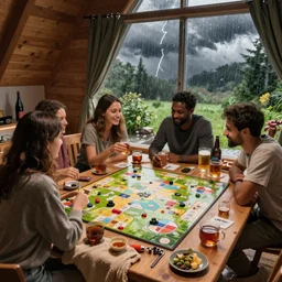 boardgame party inside, thunderstorm outside, summer, rainy outside, cozy cabin, blanket, tea, drinks, beer, by herbert james harper, volumetric lighting, global illumination, smooth, concept art, sharp, 4 k, highly detailed