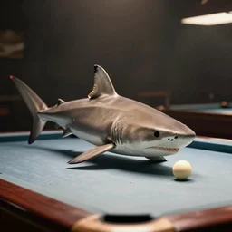a shark playing pool, candid photograph