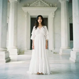 a full body portrait of a woman wearing an billowing doily dress, inside a white marble temple, in the style of irakli nadar, soft lighting, film photography, face in the style of irakli nadar