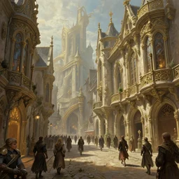 a busy fantasy street scene from within a beautiful and ornate city, hyper realistic digital art, beautiful painting, detailed, cinematic, great composition, rococo, dungeons and dragons, lord of the rings, artstation