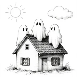 ghosts on house, day sky with happy sun and cloud, sketch, draw, ink art, b & w, by james jean and david diao