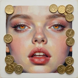passionate lips and burning eyes of our youth and little golden coins detailed and highly reliefed analogue collage with canvas texture in style of conteporary art, punk art, dadaism, photorealistic, expressionism, masterpiece, balanced composition, light colors, spectacular quality, intricate oil details