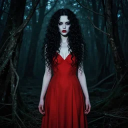 in the style of joshua middleton, artgerm, symmetrical face, full body, pretty alyson hannigan, full body, evil dead demon, evil dead movie, red dress, full body, symmetrical eyes, symmetrical eyes, long curly black hair, trees, symmetrical eyes, forest, full body, branches, cinematic lighting, evil dead, scary, artgerm