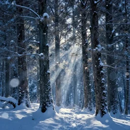 portrait of juniper trees in a forest during a blizzard. shadow and light. rays of light. energetic, dynamic, lively, detailed, intricate, complex. fine art by hayao miyazaki, akira toriyama, makoto shinkai, and ohara koson. studio lighting. tilt and shift lens. bokeh.