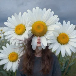 closeup, giant daisy flowers under head, girl between monsteras, surreal photography, wind and cold, dramatic sky, impressionist painting, digital painting, artstation, simon stalenhag