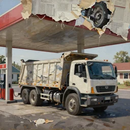 a dump truck filling up with gas at a suburban gas station, wide angle shot, intricate, detailed, torn paper decollage, oil on canvas by edward hopper, ( by mattias adolfsson ), by moebius
