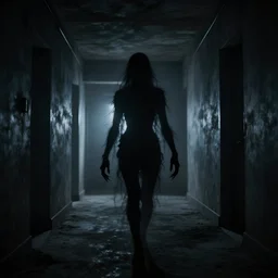 a cosmic horror entity made of shadow inside an empty hallway, dark eerie photograph, wispy darkness